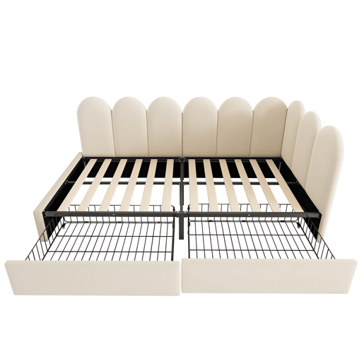 Cama individual 90x190 cm - com gavetas e estofamento em veludo, sofá-cama - Bege Cama individual 90x190 cm - com gavetas e estofamento em veludo, sofá-cama - Bege