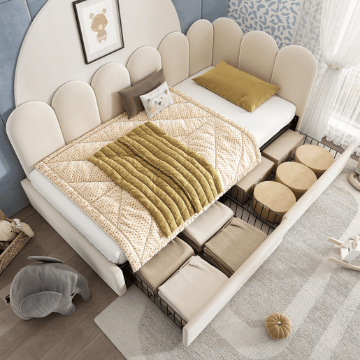 Cama individual 90x190 cm - com gavetas e estofamento em veludo, sofá-cama - Bege Cama individual 90x190 cm - com gavetas e estofamento em veludo, sofá-cama - Bege