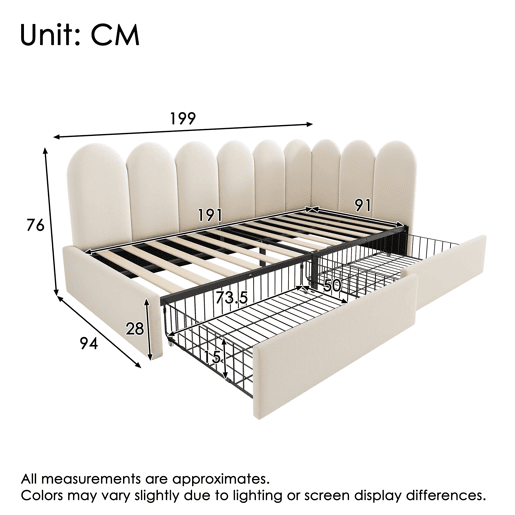 Cama individual 90x190 cm - com gavetas e estofamento em veludo, sofá-cama - Bege Cama individual 90x190 cm - com gavetas e estofamento em veludo, sofá-cama - Bege