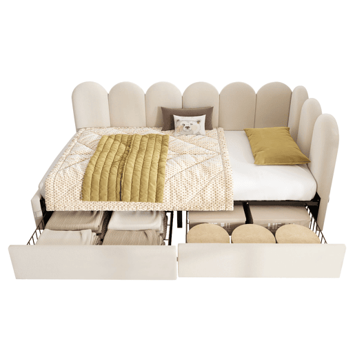 Cama individual 90x190 cm - com gavetas e estofamento em veludo, sofá-cama - Bege Cama individual 90x190 cm - com gavetas e estofamento em veludo, sofá-cama - Bege
