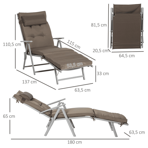 Outsunny Espreguiçadeira Dobrável de Jardim com Encosto Ajustável em 7 Posições com Almofadas para Corpo Inteiro e Cabeça para Terraço ou Piscina até 165 kg 137x63,5x100,5 cm Castanho