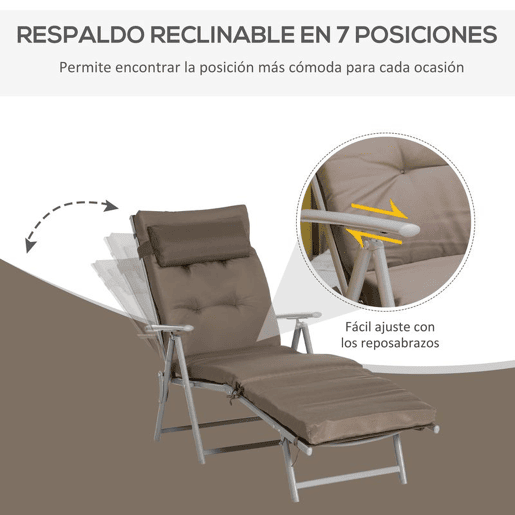 Outsunny Espreguiçadeira Dobrável de Jardim com Encosto Ajustável em 7 Posições com Almofadas para Corpo Inteiro e Cabeça para Terraço ou Piscina até 165 kg 137x63,5x100,5 cm Castanho