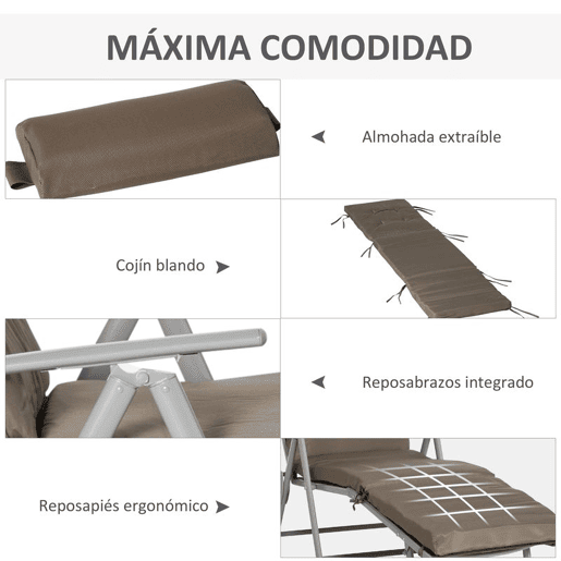 Outsunny Espreguiçadeira Dobrável de Jardim com Encosto Ajustável em 7 Posições com Almofadas para Corpo Inteiro e Cabeça para Terraço ou Piscina até 165 kg 137x63,5x100,5 cm Castanho