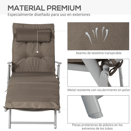 Outsunny Espreguiçadeira Dobrável de Jardim com Encosto Ajustável em 7 Posições com Almofadas para Corpo Inteiro e Cabeça para Terraço ou Piscina até 165 kg 137x63,5x100,5 cm Castanho