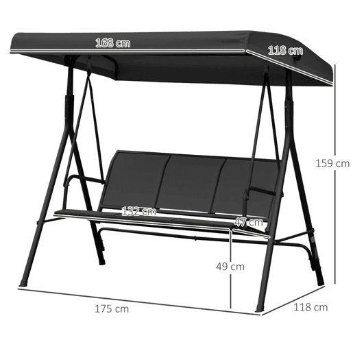 Outsunny Baloiço de Jardim Exterior de 3 Lugares com Toldo Reclinável Estrutura de Aço e Assento Respirável 175x118x159 cm Preto