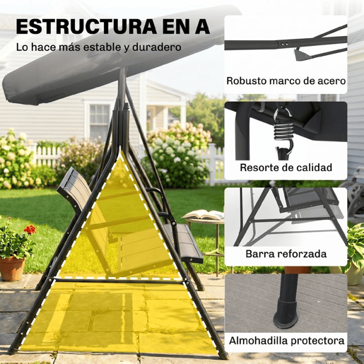 Outsunny Baloiço de Jardim Exterior de 3 Lugares com Toldo Reclinável Estrutura de Aço e Assento Respirável 175x118x159 cm Preto