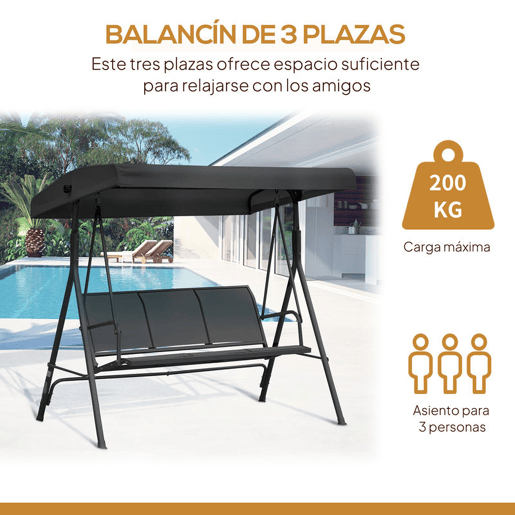 Outsunny Baloiço de Jardim Exterior de 3 Lugares com Toldo Reclinável Estrutura de Aço e Assento Respirável 175x118x159 cm Preto