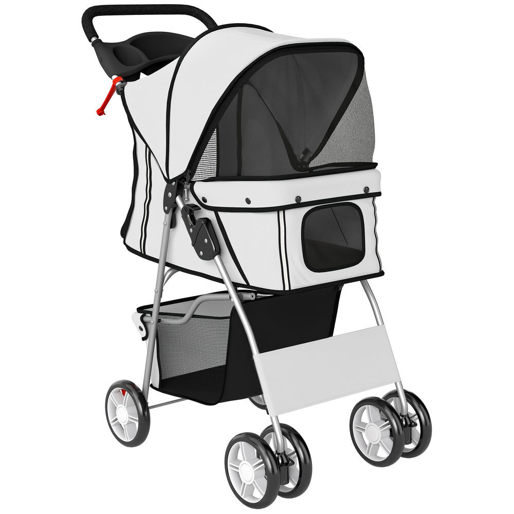Pawhut carrito para perros plegable hasta 10 kg, cochecito para perros pequeños con ruedas de eva y frenos, cesta de almacenaje, ventanas de malla, portavasos, cojín lavable, 77x44x102 cm, gris