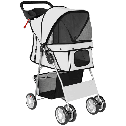 PawHut Carrinho Dobrável para Cães, Coche para Cães Pequenos com Cesta de Armazenamento, Janelas de Rede, Porta-copos, Rodas de EVA, Almofada Lavável, Travões, Suporte até 10 kg, 77x44x102 cm, Cinzento