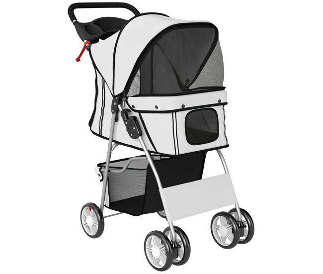 Pawhut carrito para perros gatos plegable hasta 10 kg, cochecito para perros pequeños con ruedas de eva y frenos, cesta de almacenaje, ventanas de malla, portavasos, cojín lavable, 77x44x102 cm, gris