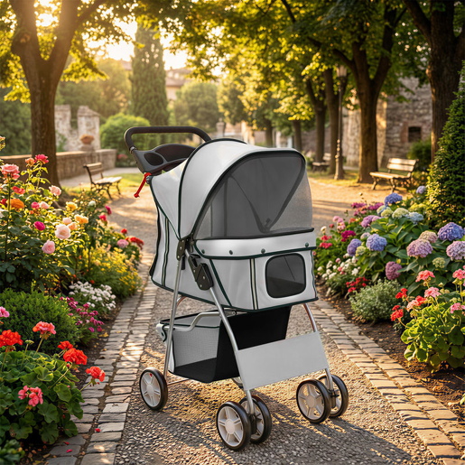 PawHut Carrinho Dobrável para Cães, Coche para Cães Pequenos com Cesta de Armazenamento, Janelas de Rede, Porta-copos, Rodas de EVA, Almofada Lavável, Travões, Suporte até 10 kg, 77x44x102 cm, Cinzento