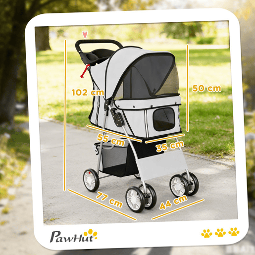PawHut Carrinho Dobrável para Cães, Coche para Cães Pequenos com Cesta de Armazenamento, Janelas de Rede, Porta-copos, Rodas de EVA, Almofada Lavável, Travões, Suporte até 10 kg, 77x44x102 cm, Cinzento