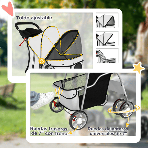 PawHut Carrinho Dobrável para Cães, Coche para Cães Pequenos com Cesta de Armazenamento, Janelas de Rede, Porta-copos, Rodas de EVA, Almofada Lavável, Travões, Suporte até 10 kg, 77x44x102 cm, Cinzento