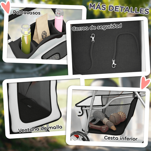 PawHut Carrinho Dobrável para Cães, Coche para Cães Pequenos com Cesta de Armazenamento, Janelas de Rede, Porta-copos, Rodas de EVA, Almofada Lavável, Travões, Suporte até 10 kg, 77x44x102 cm, Cinzento