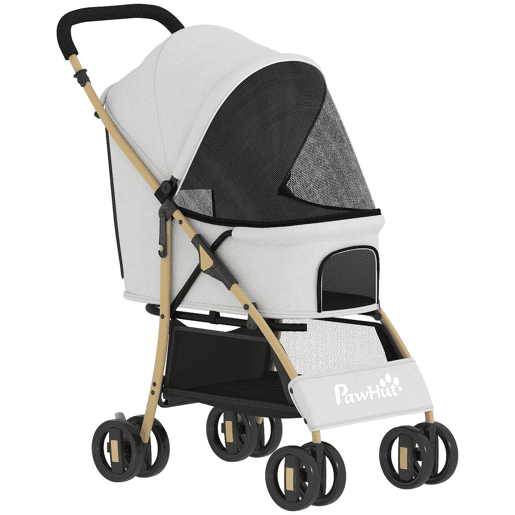 PawHut Carrinho para Cães Dobrável com Capota Ajustável Cesta de Armazenamento e Corda de Segurança para Animais de Estimação até 15 kg, 80x44,5x97 cm Cinzento Claro