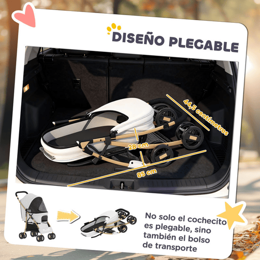 PawHut Carrinho para Cães Dobrável com Capota Ajustável Cesta de Armazenamento e Corda de Segurança para Animais de Estimação até 15 kg, 80x44,5x97 cm Cinzento Claro