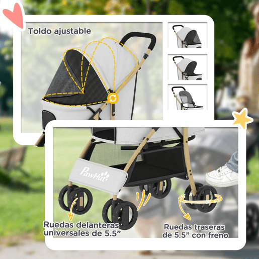 PawHut Carrinho para Cães Dobrável com Capota Ajustável Cesta de Armazenamento e Corda de Segurança para Animais de Estimação até 15 kg, 80x44,5x97 cm Cinzento Claro