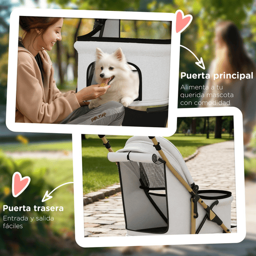 PawHut Carrinho para Cães Dobrável com Capota Ajustável Cesta de Armazenamento e Corda de Segurança para Animais de Estimação até 15 kg, 80x44,5x97 cm Cinzento Claro