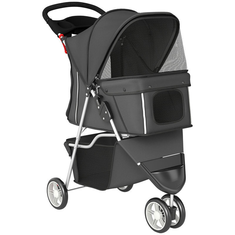 Pawhut carrito para perros plegable, cochecito para perros pequeños con cesta de almacenaje, ventanas de malla, portavasos y ruedas, carga 10 kg, 77x44x102 cm, gris oscuro