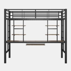 Cama alta 90x200 cm - Metal, secretária e 2 estantes integradas - Preto