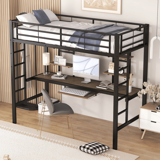 Cama alta 90x200 cm - Metal, secretária e 2 estantes integradas - Preto