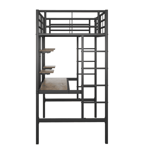 Cama alta 90x200 cm - Metal, secretária e 2 estantes integradas - Preto