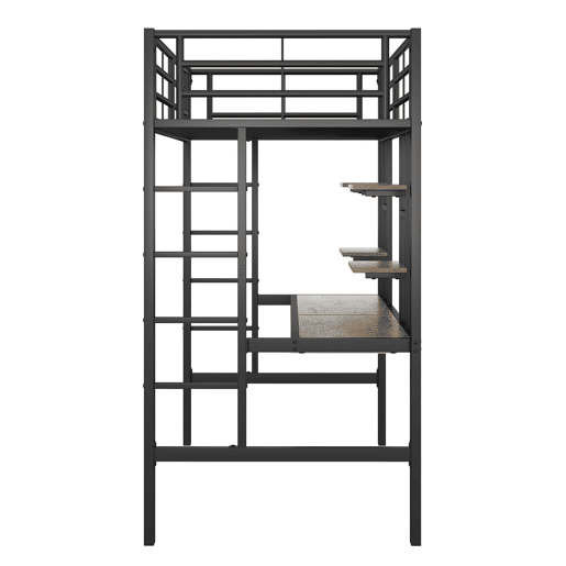 Cama alta 90x200 cm - Metal, secretária e 2 estantes integradas - Preto