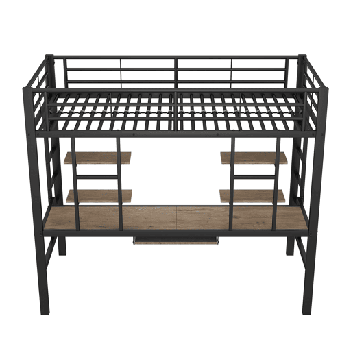 Cama alta 90x200 cm - Metal, secretária e 2 estantes integradas - Preto