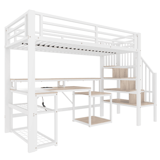 Cama alta 90x200 cm - Estrutura metálica, secretária, escada com arrumação, LED, USB - Branco