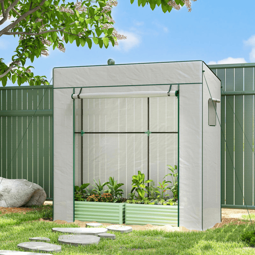 Outsunny Estufa Pequena de Exterior com Janelas de Rede e Porta com Fecho de Correr Estrutura de Aço e Cobertura de PE 140gm² para Cultivar Tomates, Plantas e Flores 196x77x197 cm Branco