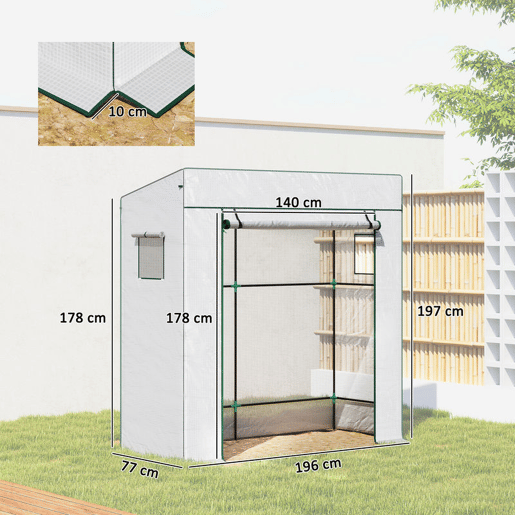 Outsunny Estufa Pequena de Exterior com Janelas de Rede e Porta com Fecho de Correr Estrutura de Aço e Cobertura de PE 140gm² para Cultivar Tomates, Plantas e Flores 196x77x197 cm Branco