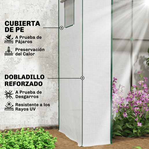 Outsunny Estufa Pequena de Exterior com Janelas de Rede e Porta com Fecho de Correr Estrutura de Aço e Cobertura de PE 140gm² para Cultivar Tomates, Plantas e Flores 196x77x197 cm Branco