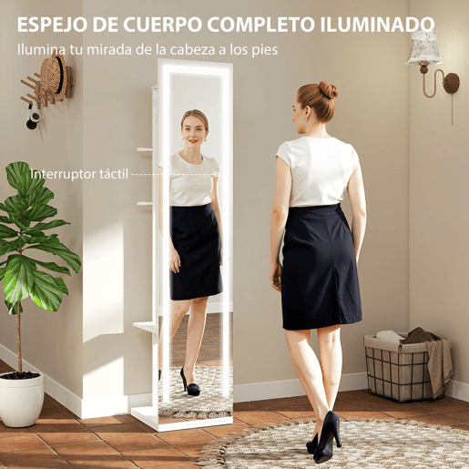 HOMCOM Espelho Armário para Joias com Luzes LED, Armário de Joias com Espelho de Corpo Inteiro sem Moldura, Cabideiro Giratório 360°, Prateleiras Abertas, Varões para Pendurar, Branco com Forro Bege