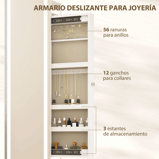 HOMCOM Espelho Armário para Joias com Luzes LED, Armário de Joias com Espelho de Corpo Inteiro sem Moldura, Cabideiro Giratório 360°, Prateleiras Abertas, Varões para Pendurar, Branco com Forro Bege