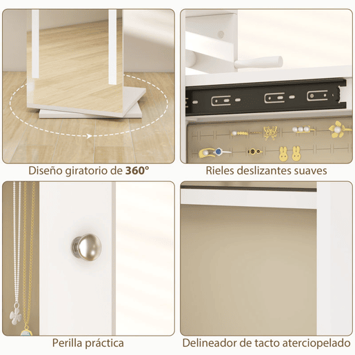 HOMCOM Espelho Armário para Joias com Luzes LED, Armário de Joias com Espelho de Corpo Inteiro sem Moldura, Cabideiro Giratório 360°, Prateleiras Abertas, Varões para Pendurar, Branco com Forro Bege