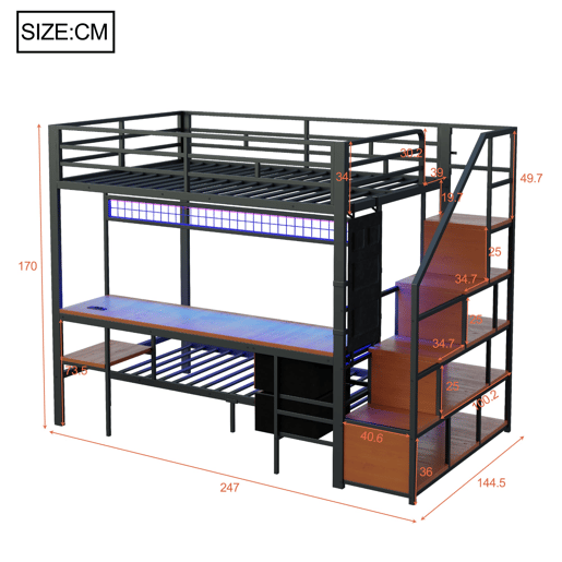 Cama alta metálica 140x200+90x200 - Secretária, LED, tomadas, arrumação e gavetas - Preto
