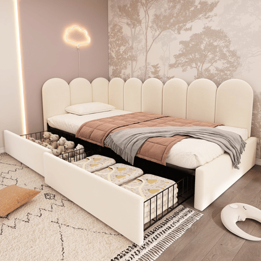 Cama individual 90x200 - com gavetas, estofada, sofá-cama, juvenil e adulto - bege Cama individual 90x200 - com gavetas, estofada, sofá-cama, juvenil e adulto - bege