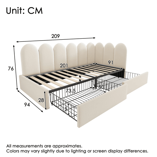 Cama individual 90x200 - com gavetas, estofada, sofá-cama, juvenil e adulto - bege Cama individual 90x200 - com gavetas, estofada, sofá-cama, juvenil e adulto - bege