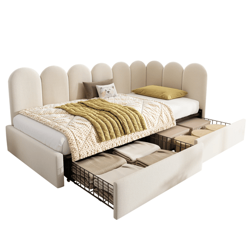 Cama individual 90x200 - com gavetas, estofada, sofá-cama, juvenil e adulto - bege Cama individual 90x200 - com gavetas, estofada, sofá-cama, juvenil e adulto - bege