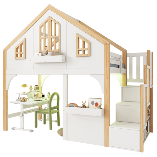 Beliche infantil 90x200 cm - estilo casa com LED e escada com arrumação - branconatural Beliche infantil 90x200 cm - estilo casa com LED e escada com arrumação - branconatural