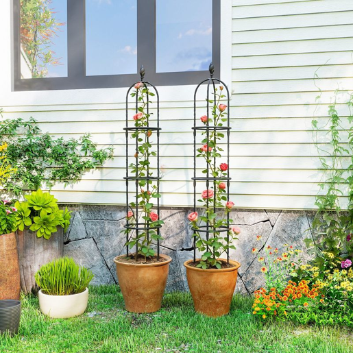 Outsunny Conjunto de 2 Obeliscos de Jardim em Aço 1,74 m Treliças para Plantas Trepadeiras Rosas Frutas Legumes Suportes Decorativos para Exterior Pátio Terraço Preto