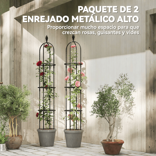 Outsunny Conjunto de 2 Obeliscos de Jardim em Aço 1,74 m Treliças para Plantas Trepadeiras Rosas Frutas Legumes Suportes Decorativos para Exterior Pátio Terraço Preto