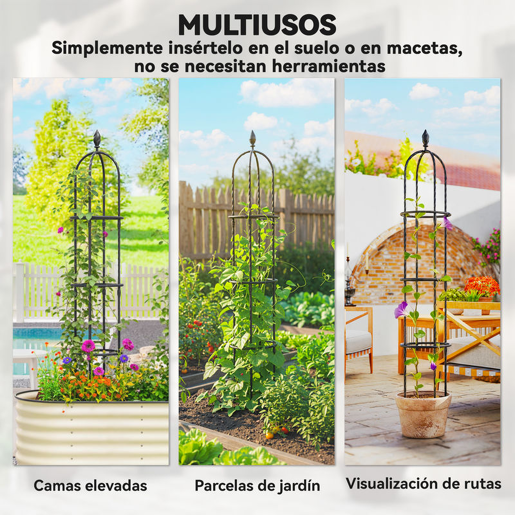 Outsunny Conjunto de 2 Obeliscos de Jardim em Aço 1,74 m Treliças para Plantas Trepadeiras Rosas Frutas Legumes Suportes Decorativos para Exterior Pátio Terraço Preto