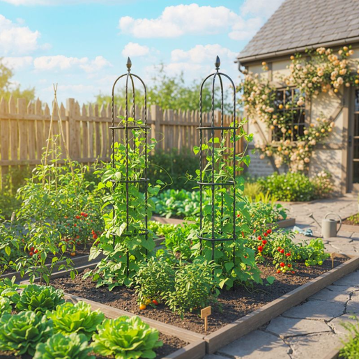 Outsunny Conjunto de 2 Obeliscos de Jardim em Aço 1,74 m Treliças para Plantas Trepadeiras Rosas Frutas Legumes Suportes Decorativos para Exterior Pátio Terraço Preto
