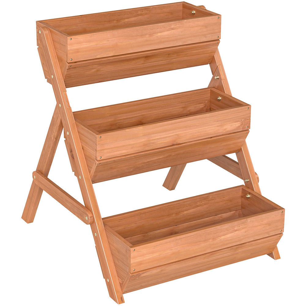Outsunny jardinera de madera de 3 niveles, jardinera elevada exterior con orificios de drenaje, macetero para cultivos de plantas, flores, para terraza, jardín, 65x75x76 cm, marrón