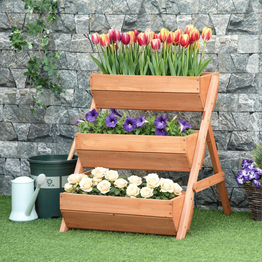 Outsunny Floreira de Madeira de 3 Níveis Floreira Elevada de Exterior com Orifícios de Drenagem Ideal para Plantas e Flores Terraço ou Jardim 65x75x76 cm Castanho
