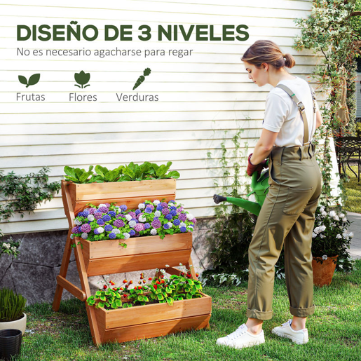Outsunny Floreira de Madeira de 3 Níveis Floreira Elevada de Exterior com Orifícios de Drenagem Ideal para Plantas e Flores Terraço ou Jardim 65x75x76 cm Castanho