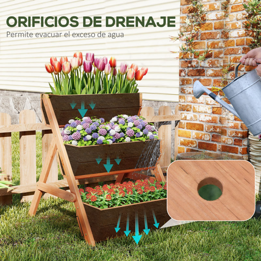 Outsunny Floreira de Madeira de 3 Níveis Floreira Elevada de Exterior com Orifícios de Drenagem Ideal para Plantas e Flores Terraço ou Jardim 65x75x76 cm Castanho