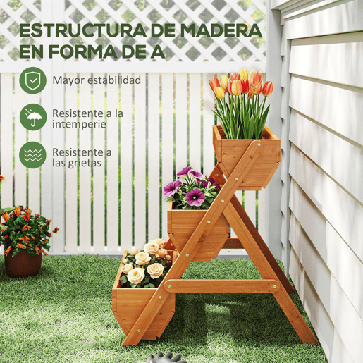 Outsunny Floreira de Madeira de 3 Níveis Floreira Elevada de Exterior com Orifícios de Drenagem Ideal para Plantas e Flores Terraço ou Jardim 65x75x76 cm Castanho