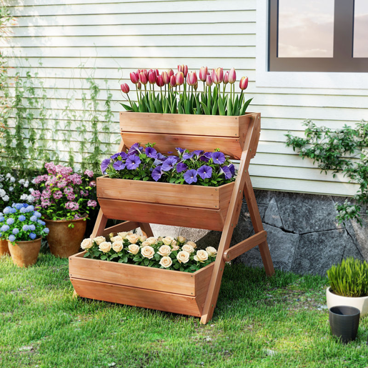 Outsunny Floreira de Madeira de 3 Níveis Floreira Elevada de Exterior com Orifícios de Drenagem Ideal para Plantas e Flores Terraço ou Jardim 65x75x76 cm Castanho